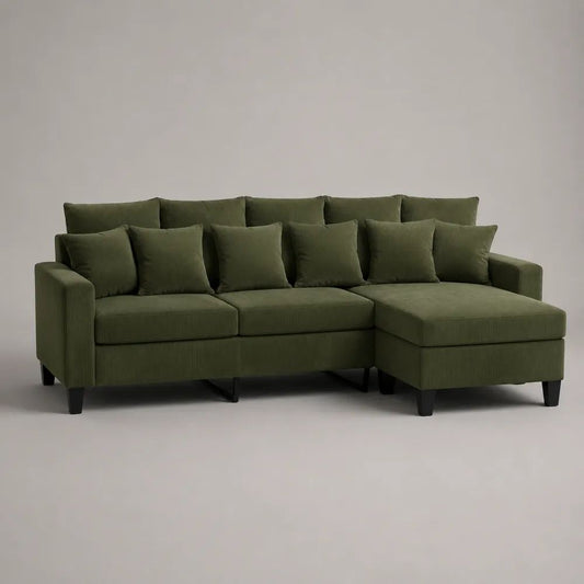 3-Sitzer-Ecksofa mit Ottomane rechts, Polyestercord, Olivgrün, 235 x 150 x 88 cm