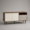 Sideboard aus MDF und Spanplatte mit 2 Türen, 2 Schubladen und offenem Fach, 140 × 40 × 80 cm, Walnussbraun/Creme/Hellgrau