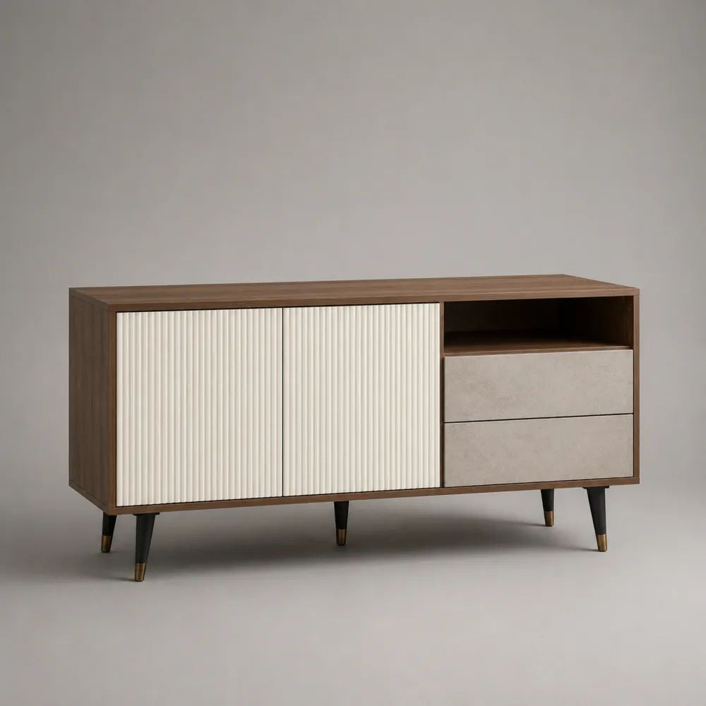 Sideboard aus MDF und Spanplatte mit 2 Türen, 2 Schubladen und offenem Fach, 140 × 40 × 80 cm, Walnussbraun/Creme/Hellgrau